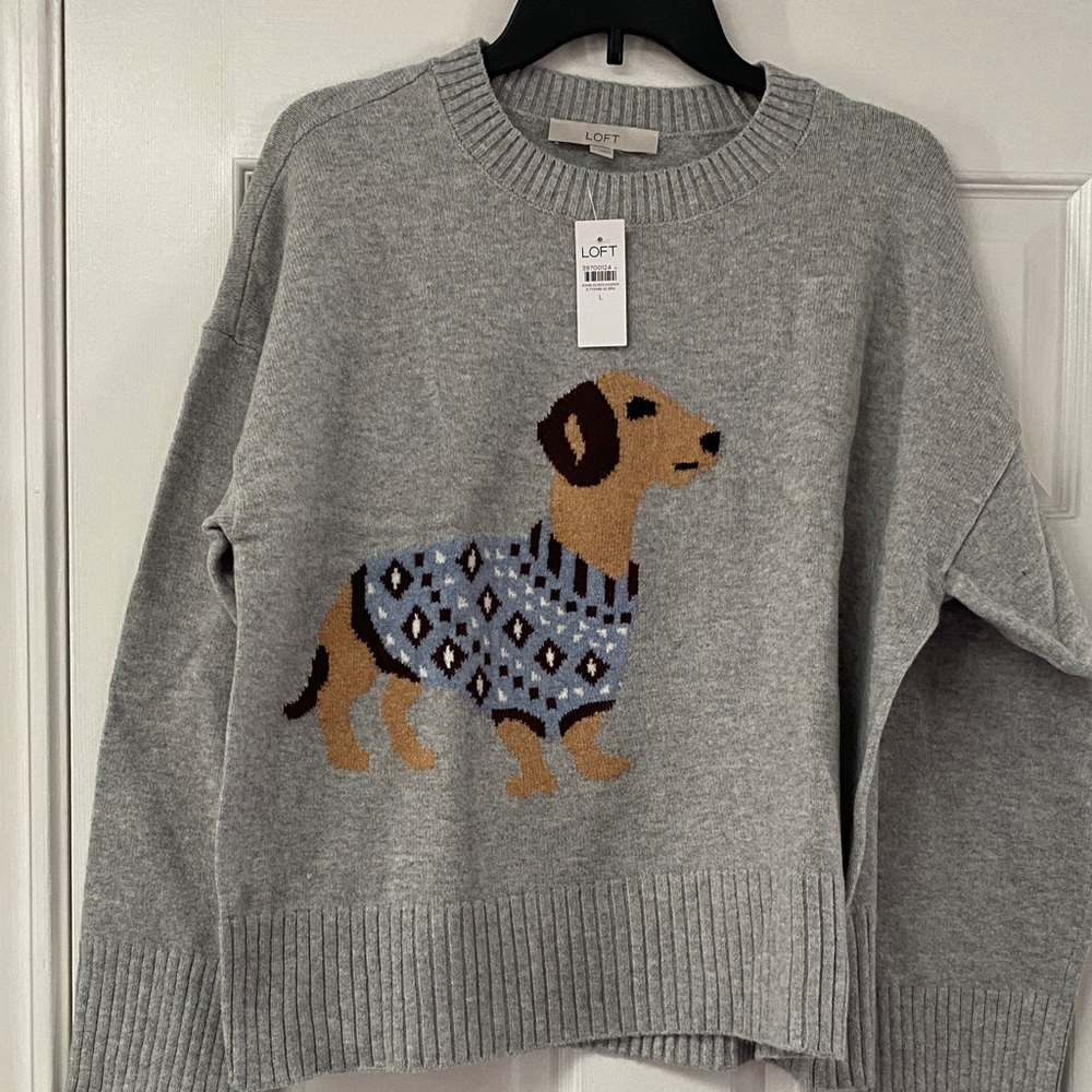LOFT Heather Gray Sweater with Dachshund Design